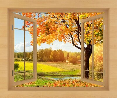 Фотообои с окном Осенний пейзаж