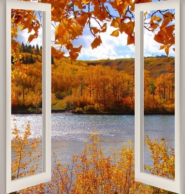 Фотообои с окном Осенний лес с рекой