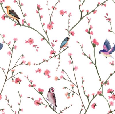 Фотообои птицы на ветках с цветами